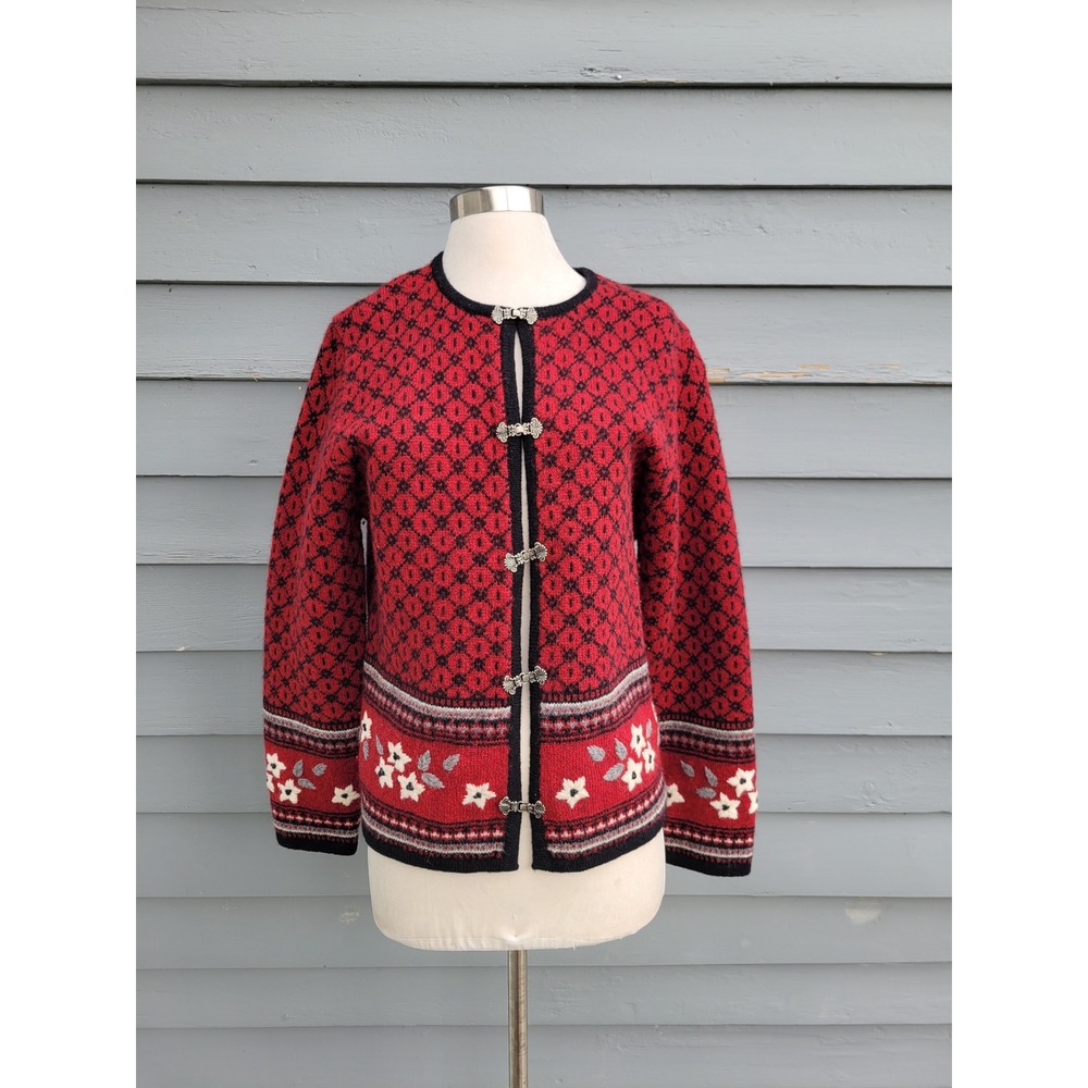 Vintage 90s Woolrich Cardigan Ruby Red Nordic Floral Clasp Wool Sweater Womens M